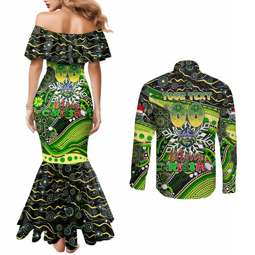 Merry Christmas Raiders Couples Matching Mermaid Dress and Long Sleeve Button Shirt Aboriginal Santa Rugby Mascot - Canberra