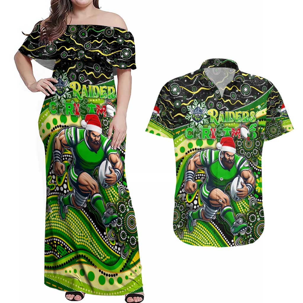 Merry Christmas Raiders Couples Matching Off Shoulder Maxi Dress and Hawaiian Shirt Aboriginal Santa Rugby Mascot - Canberra