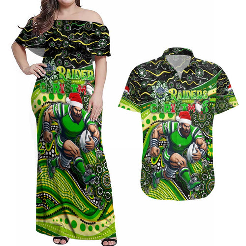 Merry Christmas Raiders Couples Matching Off Shoulder Maxi Dress and Hawaiian Shirt Aboriginal Santa Rugby Mascot - Canberra