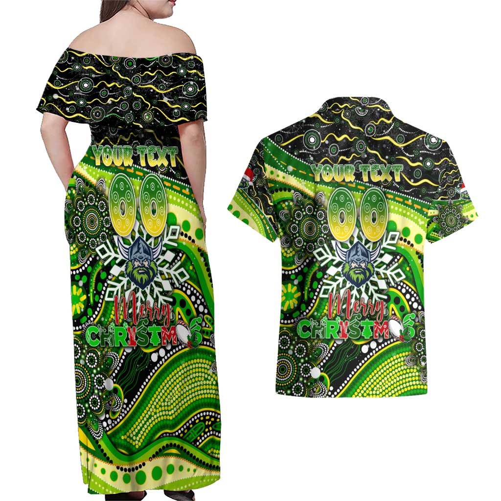 Merry Christmas Raiders Couples Matching Off Shoulder Maxi Dress and Hawaiian Shirt Aboriginal Santa Rugby Mascot - Canberra