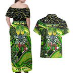 Merry Christmas Raiders Couples Matching Off Shoulder Maxi Dress and Hawaiian Shirt Aboriginal Santa Rugby Mascot - Canberra