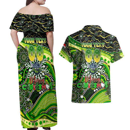 Merry Christmas Raiders Couples Matching Off Shoulder Maxi Dress and Hawaiian Shirt Aboriginal Santa Rugby Mascot - Canberra