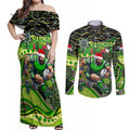 Merry Christmas Raiders Couples Matching Off Shoulder Maxi Dress and Long Sleeve Button Shirt Aboriginal Santa Rugby Mascot - Canberra