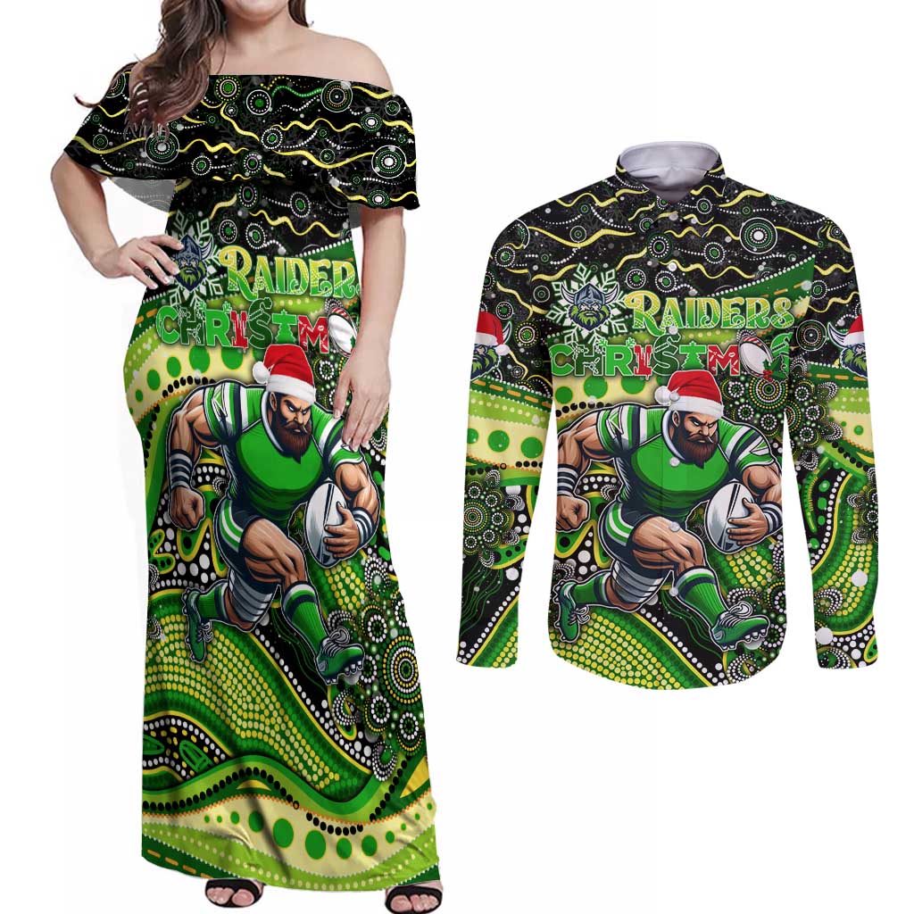 Merry Christmas Raiders Couples Matching Off Shoulder Maxi Dress and Long Sleeve Button Shirt Aboriginal Santa Rugby Mascot - Canberra