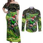 Merry Christmas Raiders Couples Matching Off Shoulder Maxi Dress and Long Sleeve Button Shirt Aboriginal Santa Rugby Mascot - Canberra