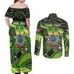 Merry Christmas Raiders Couples Matching Off Shoulder Maxi Dress and Long Sleeve Button Shirt Aboriginal Santa Rugby Mascot - Canberra