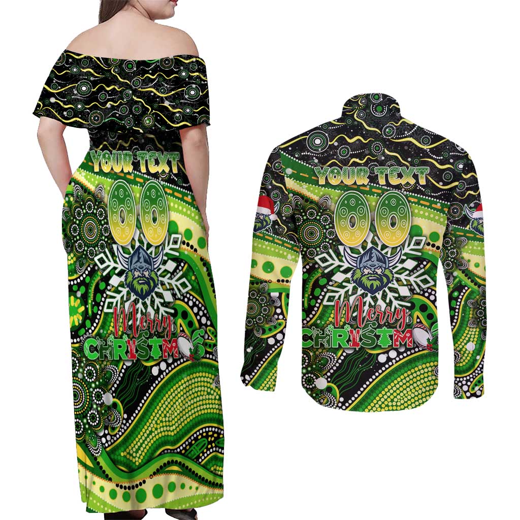 Merry Christmas Raiders Couples Matching Off Shoulder Maxi Dress and Long Sleeve Button Shirt Aboriginal Santa Rugby Mascot - Canberra