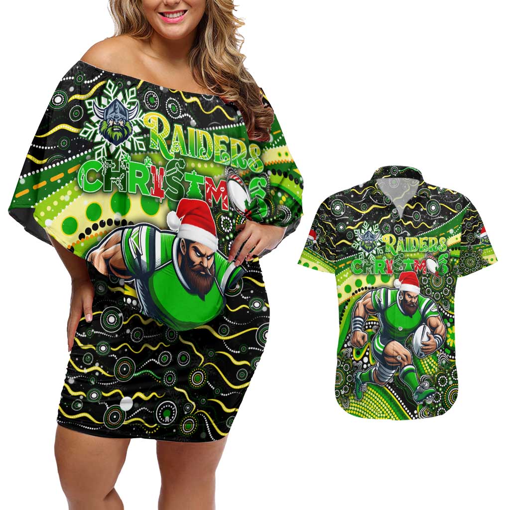 Merry Christmas Raiders Couples Matching Off Shoulder Short Dress and Hawaiian Shirt Aboriginal Santa Rugby Mascot - Canberra