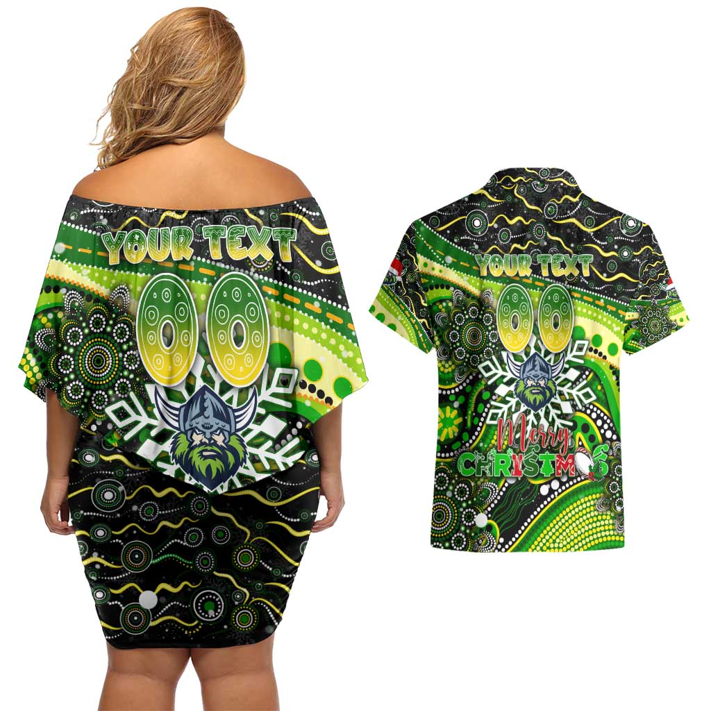 Merry Christmas Raiders Couples Matching Off Shoulder Short Dress and Hawaiian Shirt Aboriginal Santa Rugby Mascot - Canberra