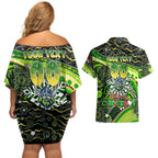 Merry Christmas Raiders Couples Matching Off Shoulder Short Dress and Hawaiian Shirt Aboriginal Santa Rugby Mascot - Canberra