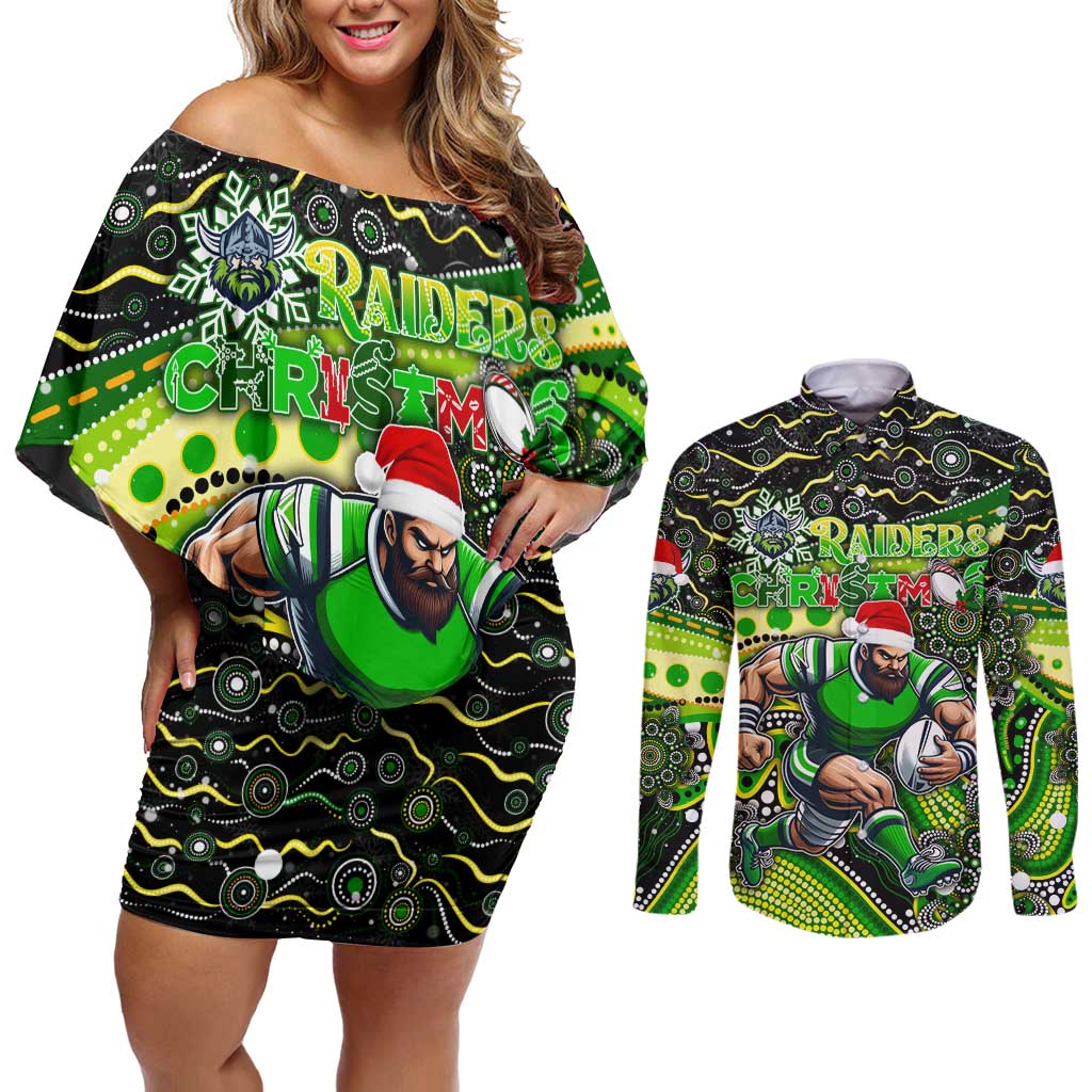 Merry Christmas Raiders Couples Matching Off Shoulder Short Dress and Long Sleeve Button Shirt Aboriginal Santa Rugby Mascot - Canberra