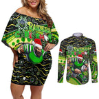 Merry Christmas Raiders Couples Matching Off Shoulder Short Dress and Long Sleeve Button Shirt Aboriginal Santa Rugby Mascot - Canberra