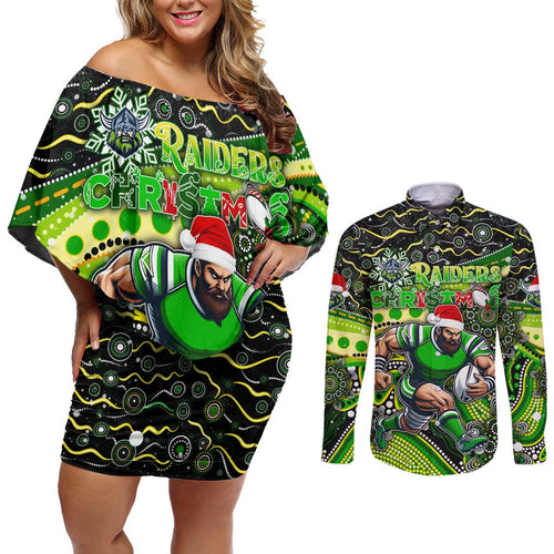 Merry Christmas Raiders Couples Matching Off Shoulder Short Dress and Long Sleeve Button Shirt Aboriginal Santa Rugby Mascot - Canberra