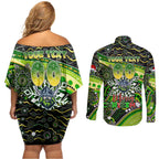 Merry Christmas Raiders Couples Matching Off Shoulder Short Dress and Long Sleeve Button Shirt Aboriginal Santa Rugby Mascot - Canberra