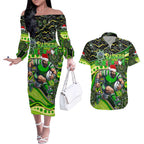 Merry Christmas Raiders Couples Matching Off The Shoulder Long Sleeve Dress and Hawaiian Shirt Aboriginal Santa Rugby Mascot - Canberra