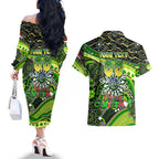Merry Christmas Raiders Couples Matching Off The Shoulder Long Sleeve Dress and Hawaiian Shirt Aboriginal Santa Rugby Mascot - Canberra