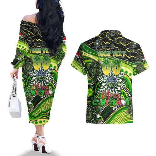 Merry Christmas Raiders Couples Matching Off The Shoulder Long Sleeve Dress and Hawaiian Shirt Aboriginal Santa Rugby Mascot - Canberra