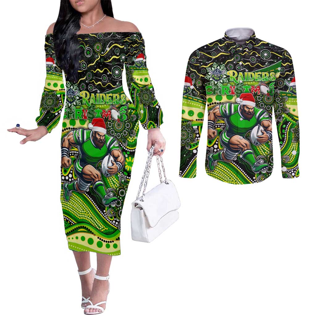 Merry Christmas Raiders Couples Matching Off The Shoulder Long Sleeve Dress and Long Sleeve Button Shirt Aboriginal Santa Rugby Mascot - Canberra