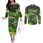 Merry Christmas Raiders Couples Matching Off The Shoulder Long Sleeve Dress and Long Sleeve Button Shirt Aboriginal Santa Rugby Mascot - Canberra