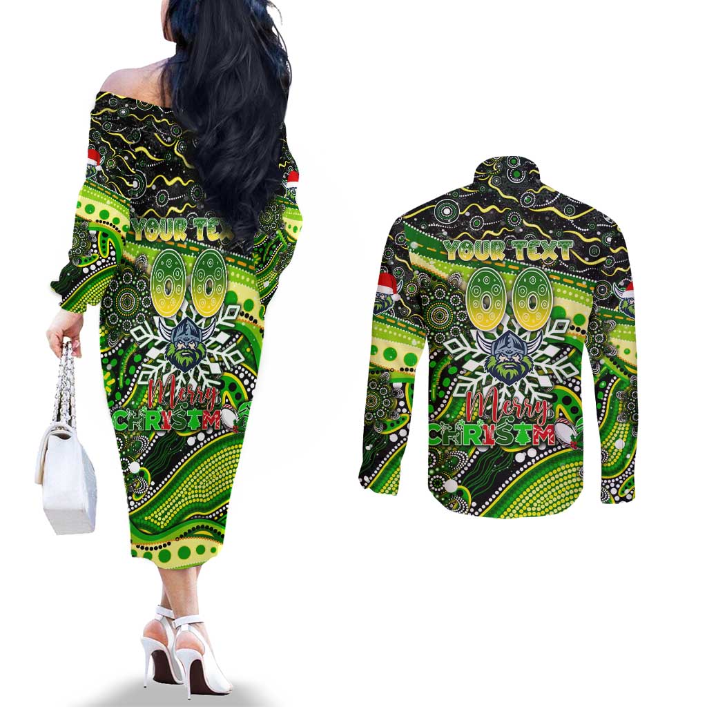 Merry Christmas Raiders Couples Matching Off The Shoulder Long Sleeve Dress and Long Sleeve Button Shirt Aboriginal Santa Rugby Mascot - Canberra