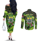 Merry Christmas Raiders Couples Matching Off The Shoulder Long Sleeve Dress and Long Sleeve Button Shirt Aboriginal Santa Rugby Mascot - Canberra