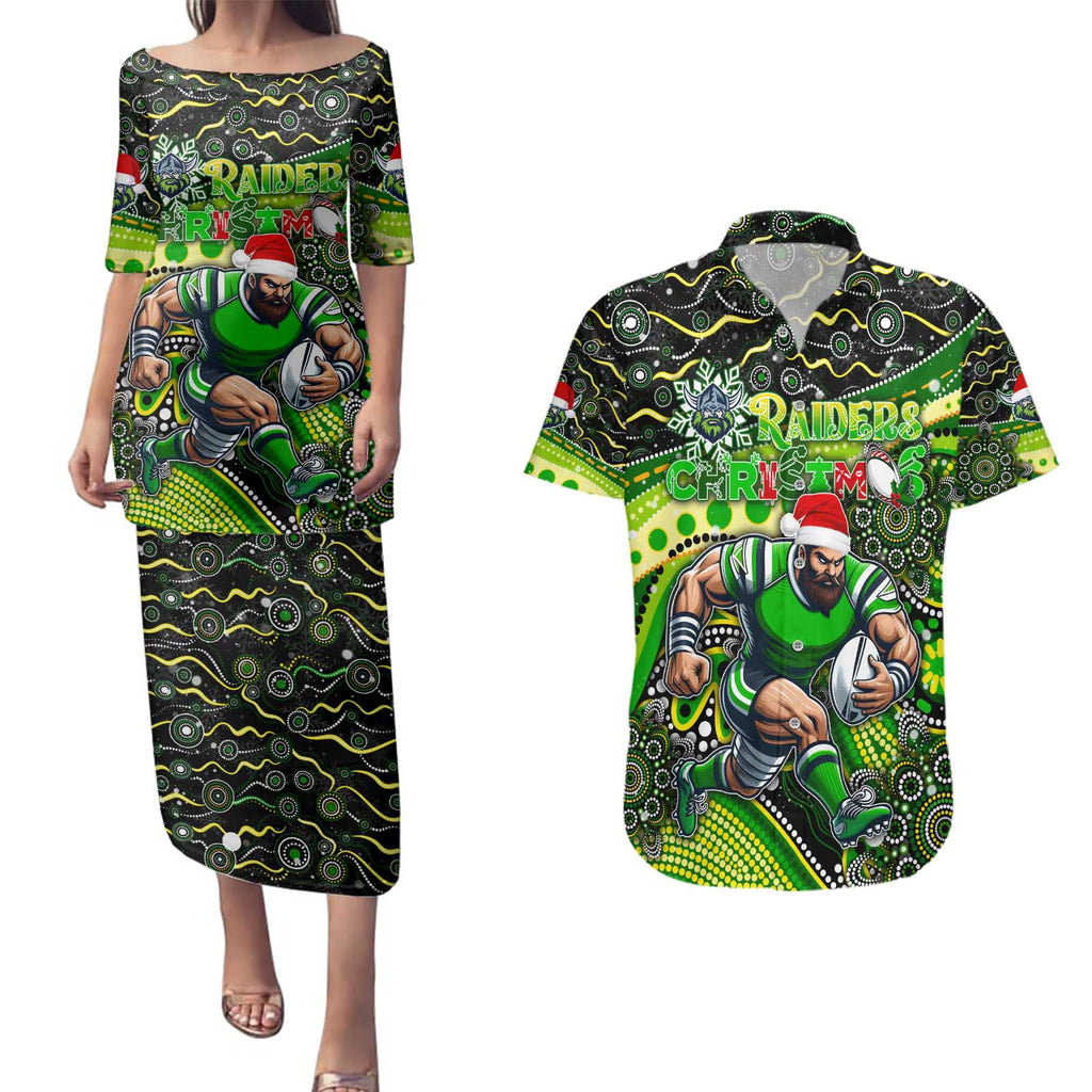 Merry Christmas Raiders Couples Matching Puletasi and Hawaiian Shirt Aboriginal Santa Rugby Mascot - Canberra