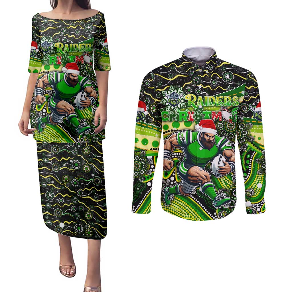 Merry Christmas Raiders Couples Matching Puletasi and Long Sleeve Button Shirt Aboriginal Santa Rugby Mascot - Canberra