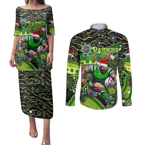 Merry Christmas Raiders Couples Matching Puletasi and Long Sleeve Button Shirt Aboriginal Santa Rugby Mascot - Canberra