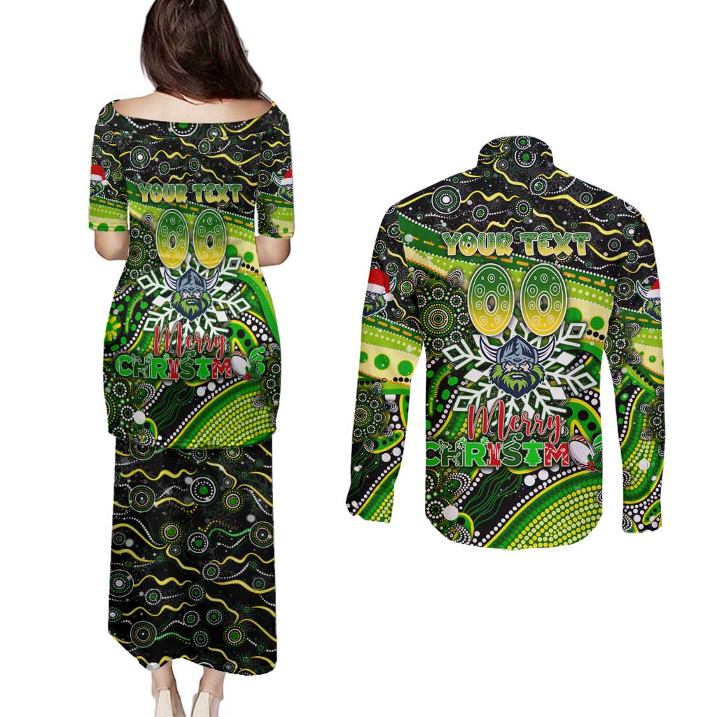 Merry Christmas Raiders Couples Matching Puletasi and Long Sleeve Button Shirt Aboriginal Santa Rugby Mascot - Canberra