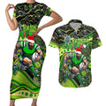 Merry Christmas Raiders Couples Matching Short Sleeve Bodycon Dress and Hawaiian Shirt Aboriginal Santa Rugby Mascot - Canberra