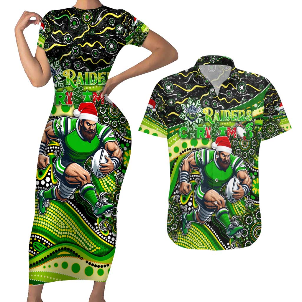 Merry Christmas Raiders Couples Matching Short Sleeve Bodycon Dress and Hawaiian Shirt Aboriginal Santa Rugby Mascot - Canberra