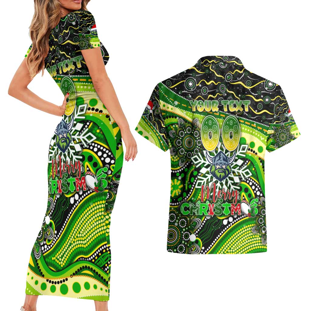 Merry Christmas Raiders Couples Matching Short Sleeve Bodycon Dress and Hawaiian Shirt Aboriginal Santa Rugby Mascot - Canberra