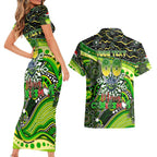 Merry Christmas Raiders Couples Matching Short Sleeve Bodycon Dress and Hawaiian Shirt Aboriginal Santa Rugby Mascot - Canberra
