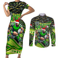 Merry Christmas Raiders Couples Matching Short Sleeve Bodycon Dress and Long Sleeve Button Shirt Aboriginal Santa Rugby Mascot - Canberra