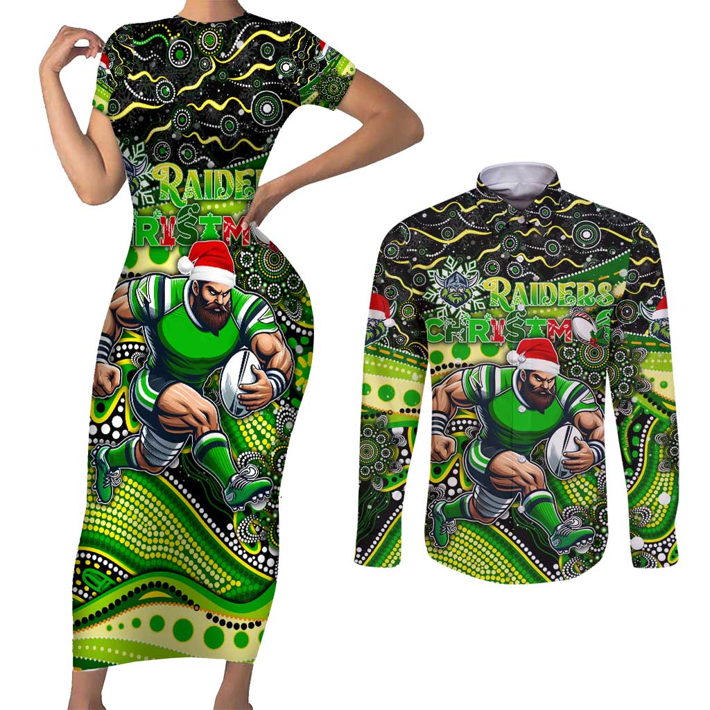 Merry Christmas Raiders Couples Matching Short Sleeve Bodycon Dress and Long Sleeve Button Shirt Aboriginal Santa Rugby Mascot - Canberra