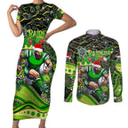 Merry Christmas Raiders Couples Matching Short Sleeve Bodycon Dress and Long Sleeve Button Shirt Aboriginal Santa Rugby Mascot - Canberra