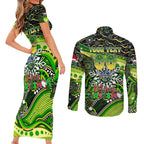 Merry Christmas Raiders Couples Matching Short Sleeve Bodycon Dress and Long Sleeve Button Shirt Aboriginal Santa Rugby Mascot - Canberra