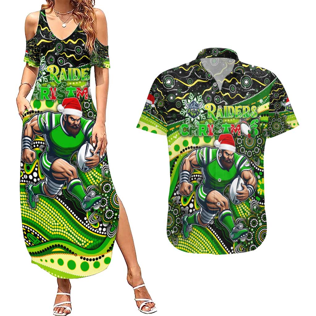 Merry Christmas Raiders Couples Matching Summer Maxi Dress and Hawaiian Shirt Aboriginal Santa Rugby Mascot - Canberra