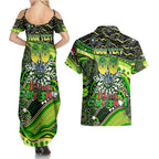 Merry Christmas Raiders Couples Matching Summer Maxi Dress and Hawaiian Shirt Aboriginal Santa Rugby Mascot - Canberra