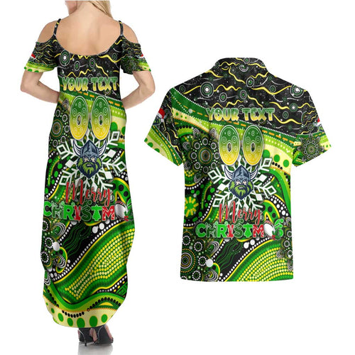 Merry Christmas Raiders Couples Matching Summer Maxi Dress and Hawaiian Shirt Aboriginal Santa Rugby Mascot - Canberra