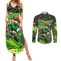 Merry Christmas Raiders Couples Matching Summer Maxi Dress and Long Sleeve Button Shirt Aboriginal Santa Rugby Mascot - Canberra
