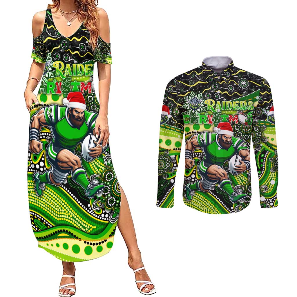 Merry Christmas Raiders Couples Matching Summer Maxi Dress and Long Sleeve Button Shirt Aboriginal Santa Rugby Mascot - Canberra