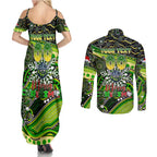 Merry Christmas Raiders Couples Matching Summer Maxi Dress and Long Sleeve Button Shirt Aboriginal Santa Rugby Mascot - Canberra