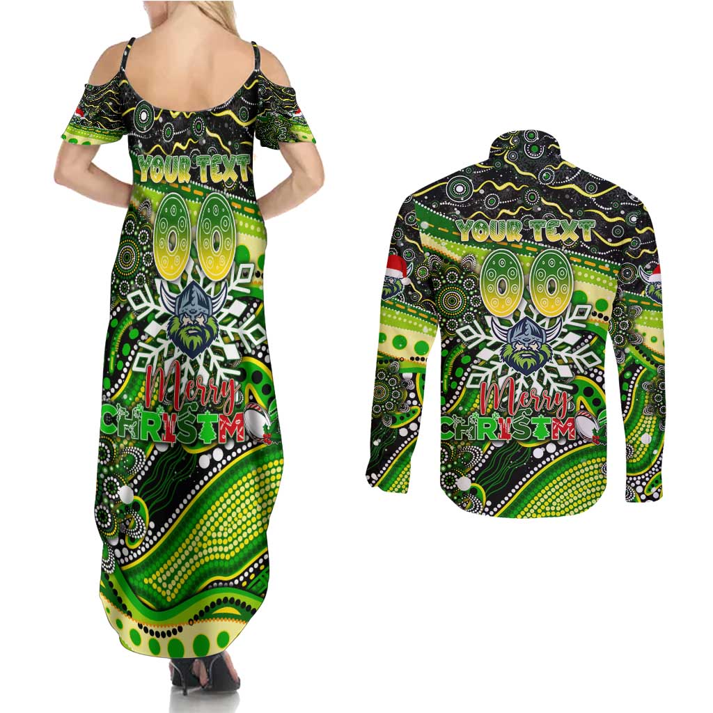 Merry Christmas Raiders Couples Matching Summer Maxi Dress and Long Sleeve Button Shirt Aboriginal Santa Rugby Mascot - Canberra