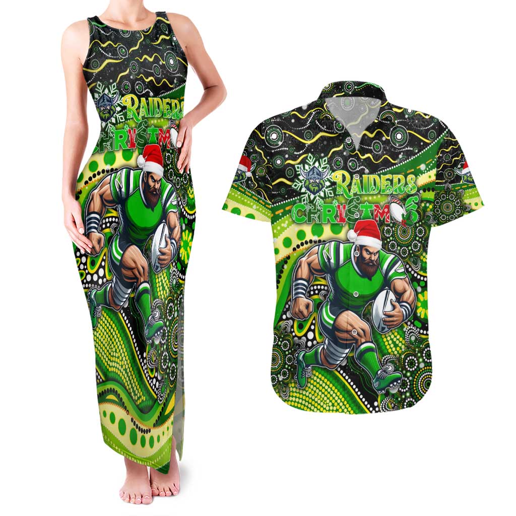Merry Christmas Raiders Couples Matching Tank Maxi Dress and Hawaiian Shirt Aboriginal Santa Rugby Mascot - Canberra