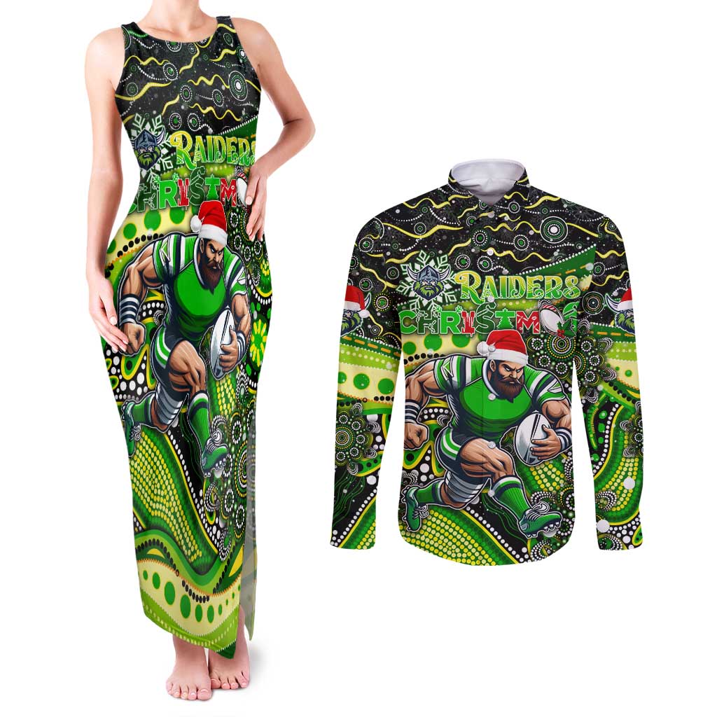 Merry Christmas Raiders Couples Matching Tank Maxi Dress and Long Sleeve Button Shirt Aboriginal Santa Rugby Mascot - Canberra