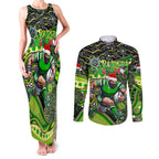 Merry Christmas Raiders Couples Matching Tank Maxi Dress and Long Sleeve Button Shirt Aboriginal Santa Rugby Mascot - Canberra