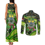 Merry Christmas Raiders Couples Matching Tank Maxi Dress and Long Sleeve Button Shirt Aboriginal Santa Rugby Mascot - Canberra