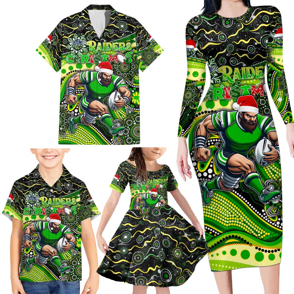 Merry Christmas Raiders Family Matching Long Sleeve Bodycon Dress and Hawaiian Shirt Aboriginal Santa Rugby Mascot - Canberra