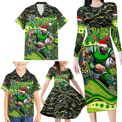 Merry Christmas Raiders Family Matching Long Sleeve Bodycon Dress and Hawaiian Shirt Aboriginal Santa Rugby Mascot - Canberra